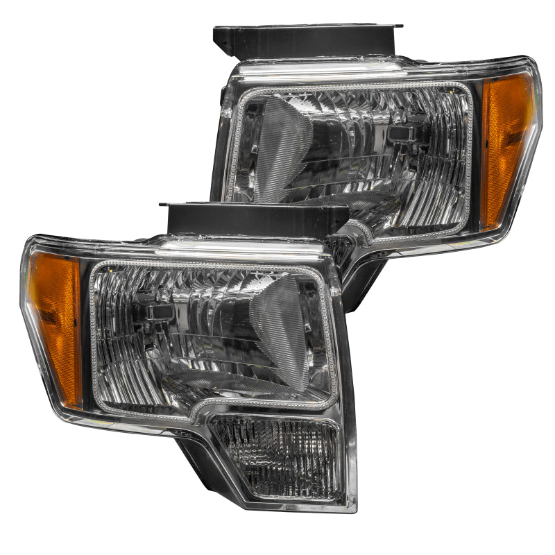 Oracle 09-14 Ford F-150 LED headlights with white halo rings, showcasing chrome and black housing options.