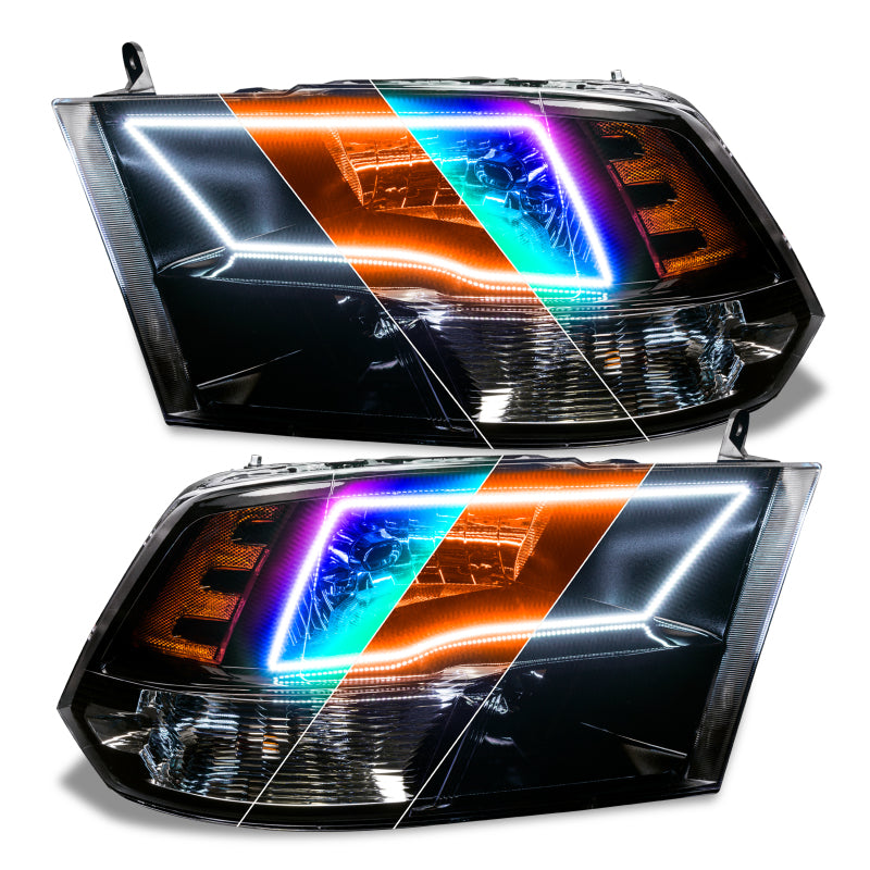 Oracle RGB+A Switchback Quad Headlight Halo Kit for Dodge Ram, featuring vibrant RGB colors and Amber LEDs for enhanced visibility.