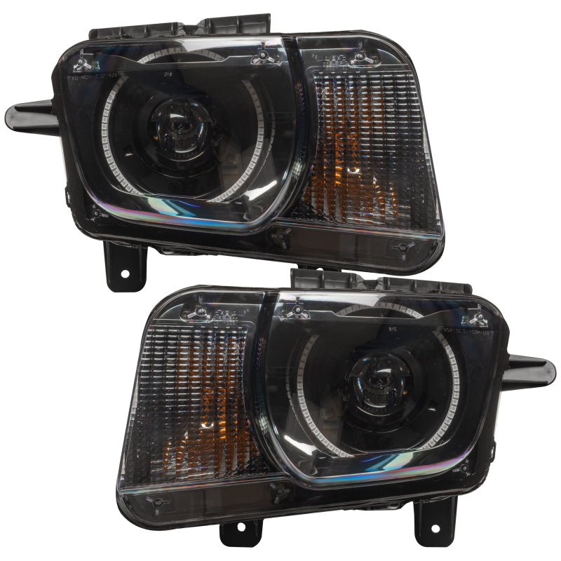 Oracle 10-13 Chevrolet Camaro SMD Headlights with ColorSHIFT technology, featuring pre-assembled Halo rings in Chrome and Black housing options.