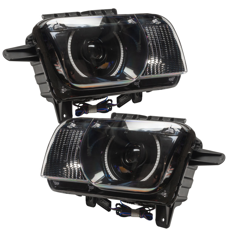 Oracle 10-13 Chevrolet Camaro SMD Headlights with ColorSHIFT technology, featuring pre-assembled Halo rings in Chrome and Black housing options.