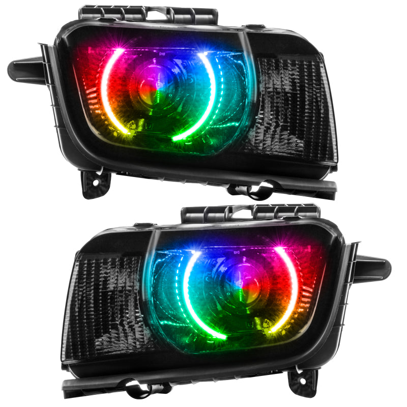 Oracle 10-13 Chevrolet Camaro SMD Headlights with ColorSHIFT technology, featuring pre-assembled Halo rings in Chrome and Black housing options.