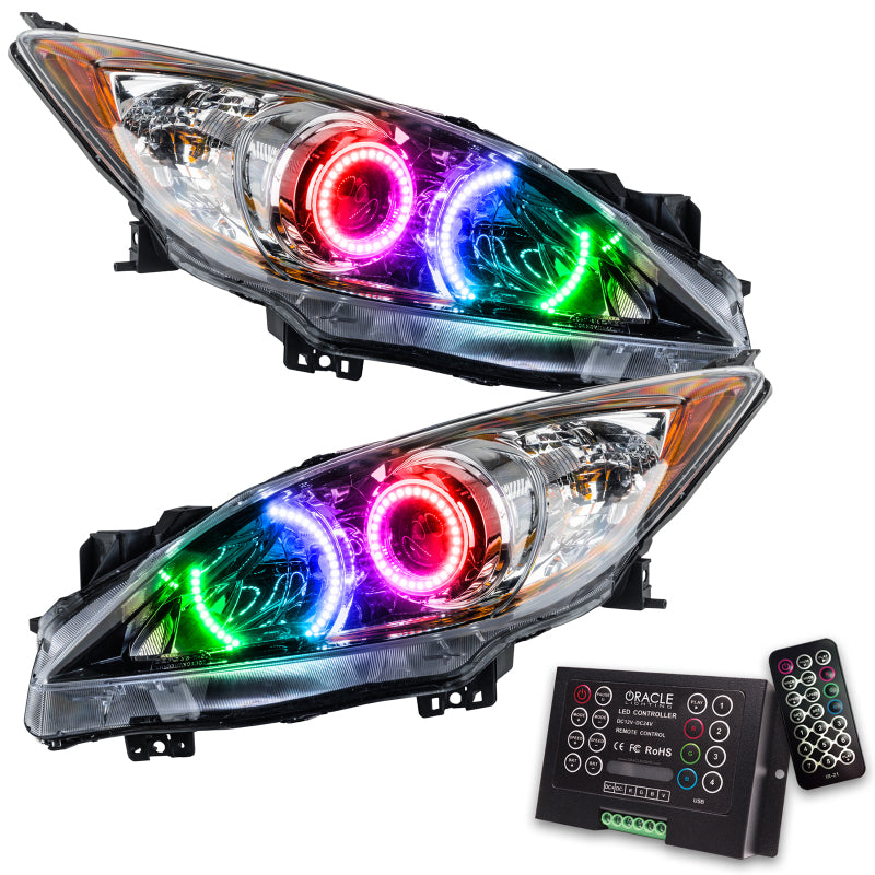 Oracle 10-13 Mazda 3 SMD HL Halogen headlights with ColorSHIFT technology and 2.0 controller, showcasing Chrome and Black housing options.