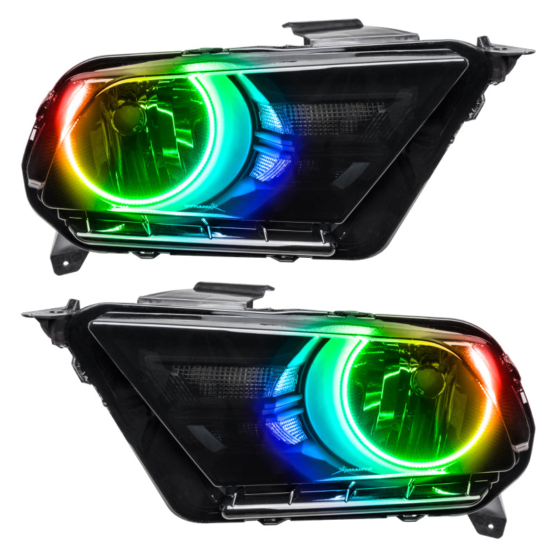 Oracle 10-14 Ford Mustang headlights with ColorSHIFT halo rings and 2.0 controller, showcasing chrome and black housing options.