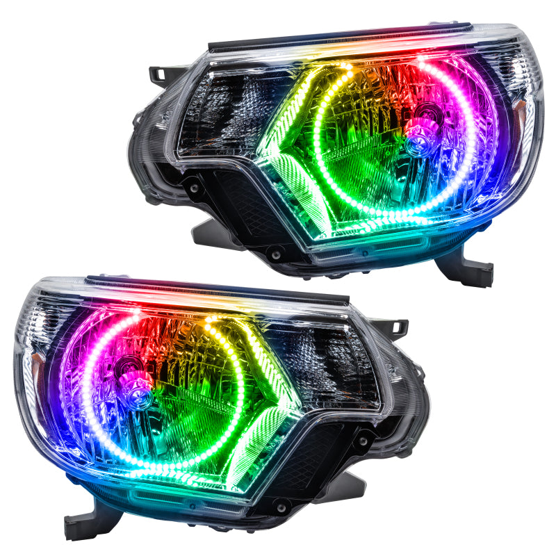 Oracle 12-15 Toyota Tacoma SMD headlights with ColorSHIFT and 2.0 controller, showcasing chrome and black housing options.