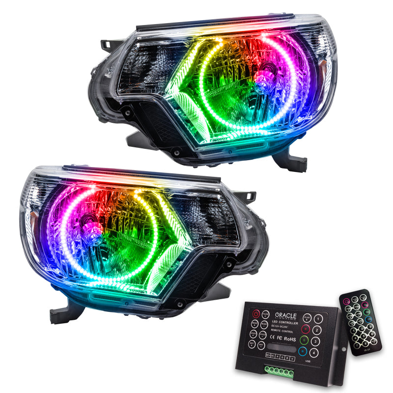 Oracle 12-15 Toyota Tacoma SMD headlights with ColorSHIFT and 2.0 controller, showcasing chrome and black housing options.