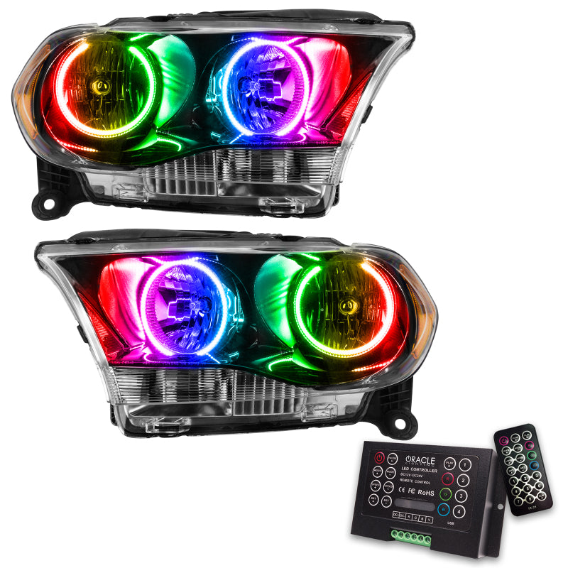 Oracle 11-13 Dodge Durango SMD HL Halogen headlights in black housing with ColorSHIFT technology, showcasing stylish halo rings.