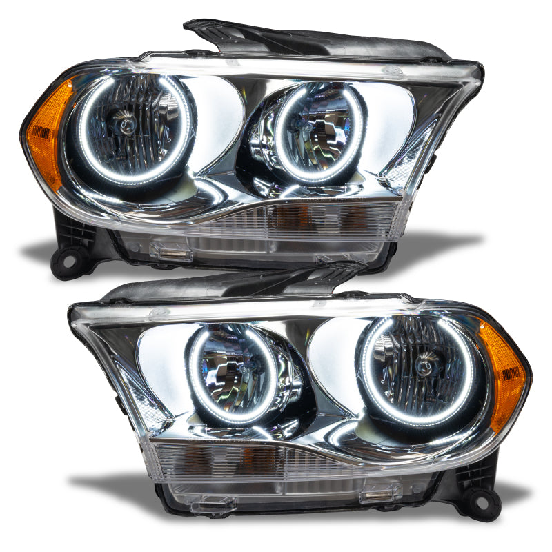 Oracle 11-13 Dodge Durango SMD HL Halogen headlights with chrome housing and white halo rings, showcasing modern automotive lighting design.