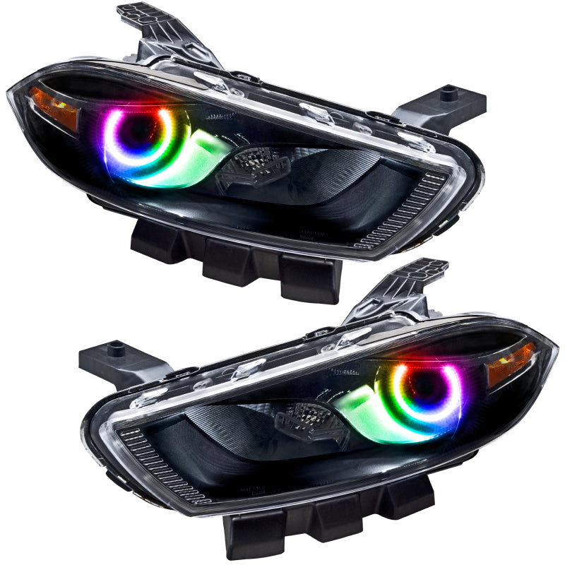 Oracle 13-14 Dodge Dart HID Style SMD Headlights in Black with ColorSHIFT technology, showcasing pre-assembled halo rings.