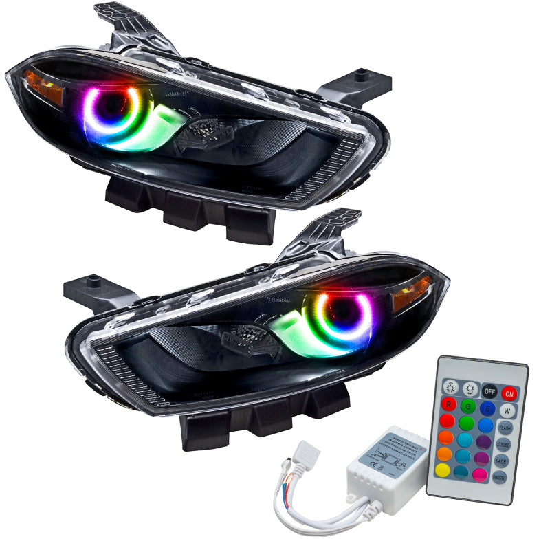 Oracle 13-14 Dodge Dart HID Style SMD Headlights in Black with ColorSHIFT technology, showcasing pre-assembled halo rings.