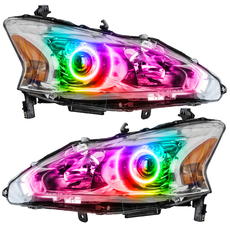 Oracle 13-15 Nissan Altima Sedan SMD headlights with ColorSHIFT halo rings and 2.0 controller, showcasing chrome and black housing options.