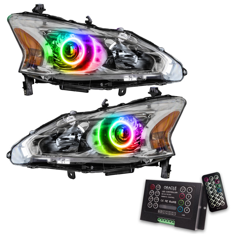 Oracle 13-15 Nissan Altima Sedan SMD headlights with ColorSHIFT halo rings and 2.0 controller, showcasing chrome and black housing options.