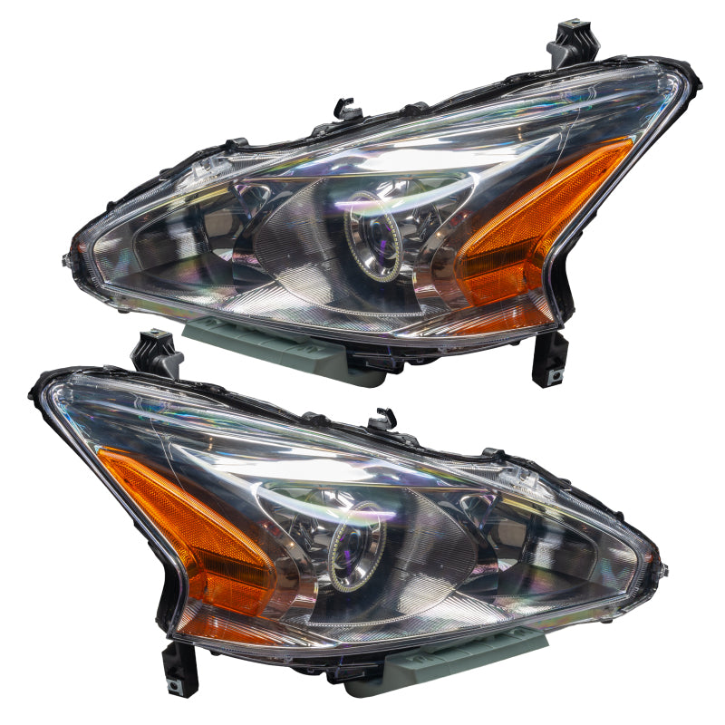 Oracle 13-15 Nissan Altima Sedan SMD headlights with ColorSHIFT halo rings and 2.0 controller, showcasing chrome and black housing options.