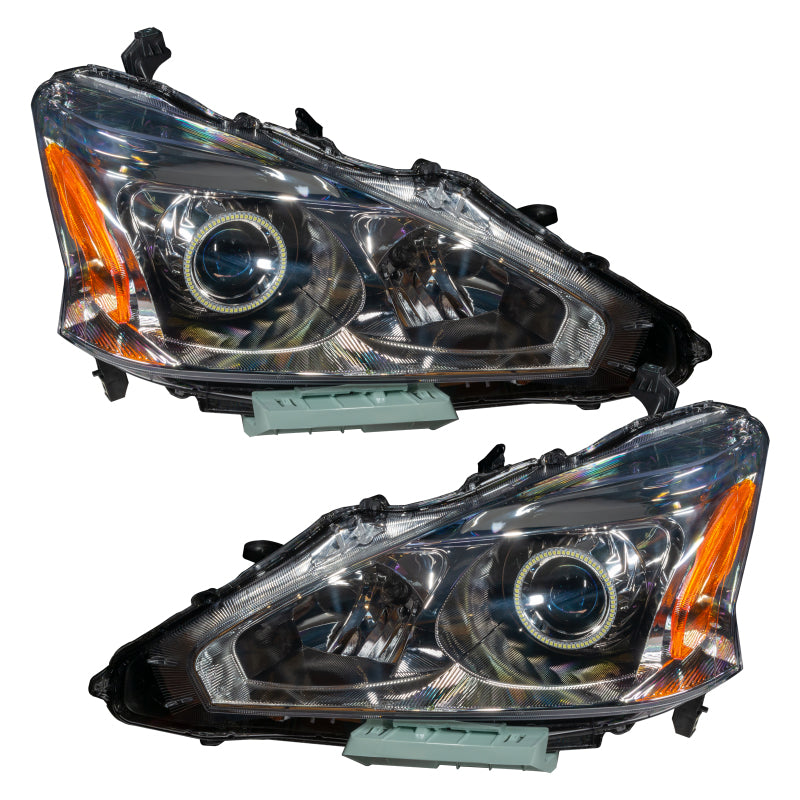 Oracle 13-15 Nissan Altima Sedan SMD headlights with ColorSHIFT halo rings and 2.0 controller, showcasing chrome and black housing options.