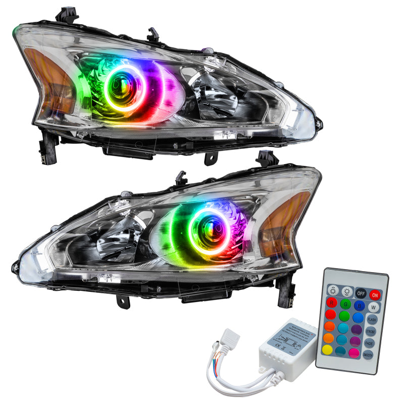 Oracle 13-15 Nissan Altima Sedan SMD headlights with ColorSHIFT halos, showcasing Chrome and Black housing options.