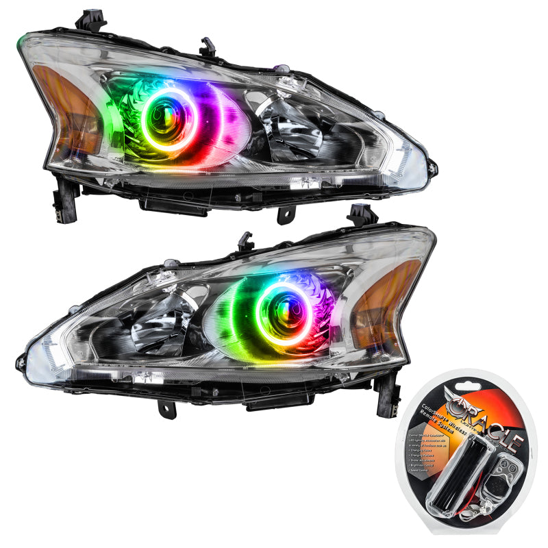 Oracle 13-15 Nissan Altima Sedan SMD HL with ColorSHIFT halos, showcasing Chrome and Black housing options.