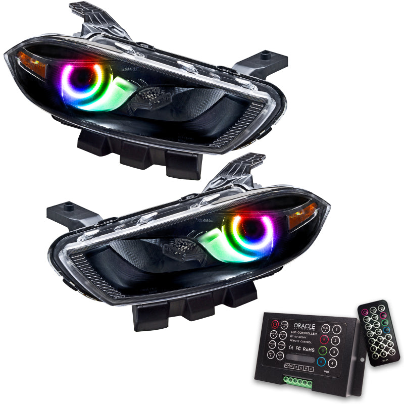 Oracle 13-16 Dodge Dart SMD headlights in black housing with ColorSHIFT halo rings, showcasing a modern and stylish design.