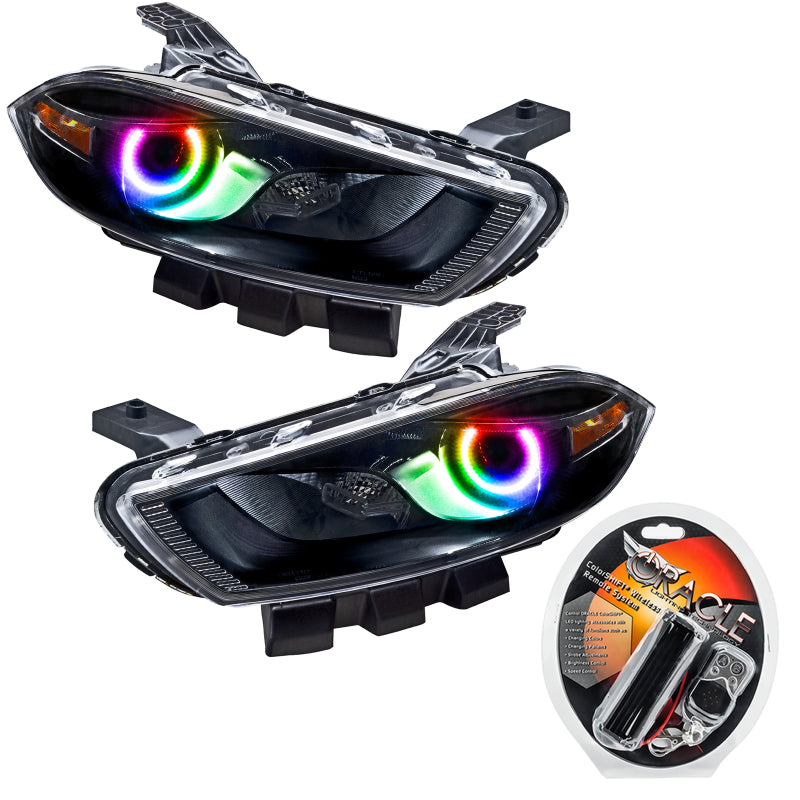 Oracle 13-16 Dodge Dart SMD headlights in black housing with ColorSHIFT halo rings, showcasing a modern and stylish design.