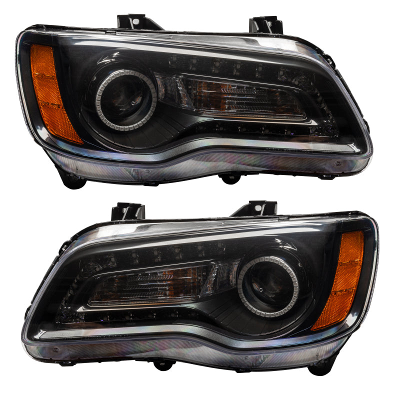 Oracle 11-14 Chrysler 300C SMD headlights in black housing with ColorSHIFT DRL, showcasing stylish halo rings.