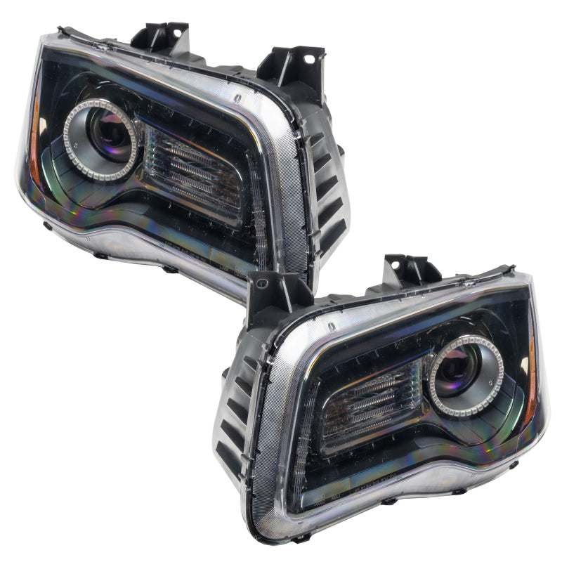 Oracle 11-14 Chrysler 300C SMD headlights in black housing with ColorSHIFT halo rings, showcasing a modern design.