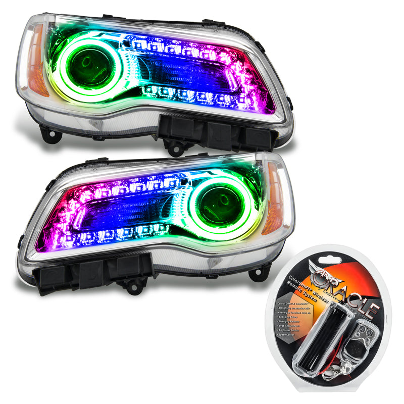 Oracle 11-14 Chrysler 300C SMD headlights with chrome housing and ColorSHIFT DRL, showcasing a modern design for enhanced vehicle lighting.