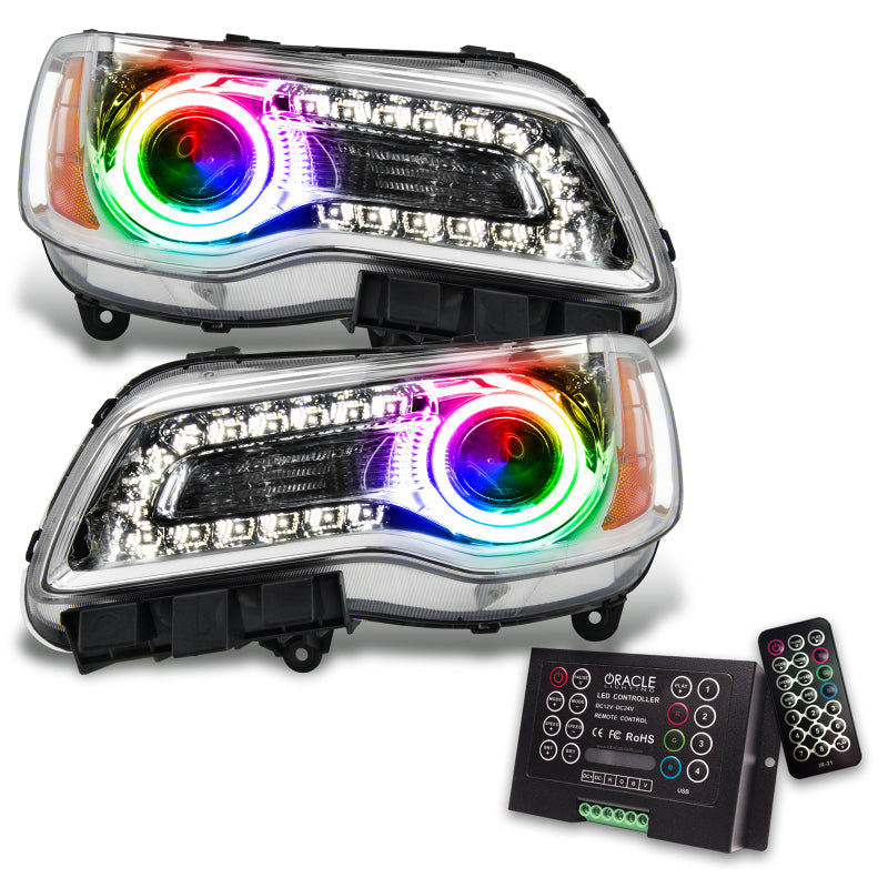 Oracle 11-14 Chrysler 300C SMD headlights with chrome housing and ColorSHIFT halo rings, pre-assembled for easy installation.