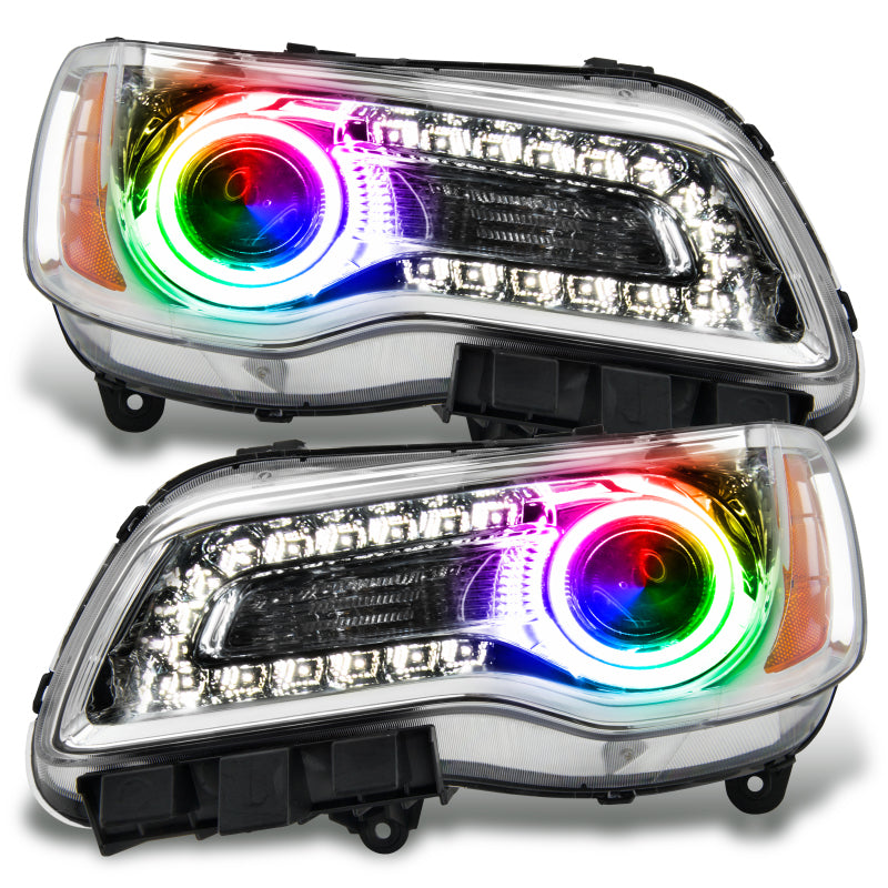 Oracle 11-14 Chrysler 300C SMD headlights with chrome housing and ColorSHIFT halo rings, pre-assembled for easy installation.