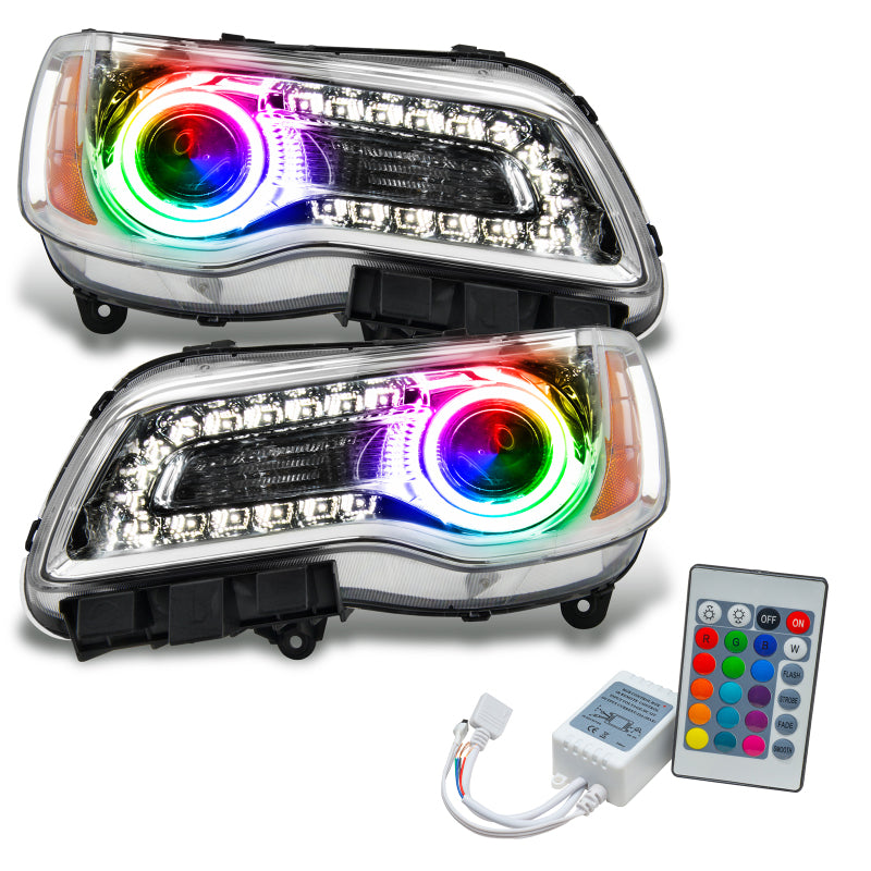 Oracle 11-14 Chrysler 300C SMD headlights with chrome housing and ColorSHIFT halo rings, showcasing a modern design.