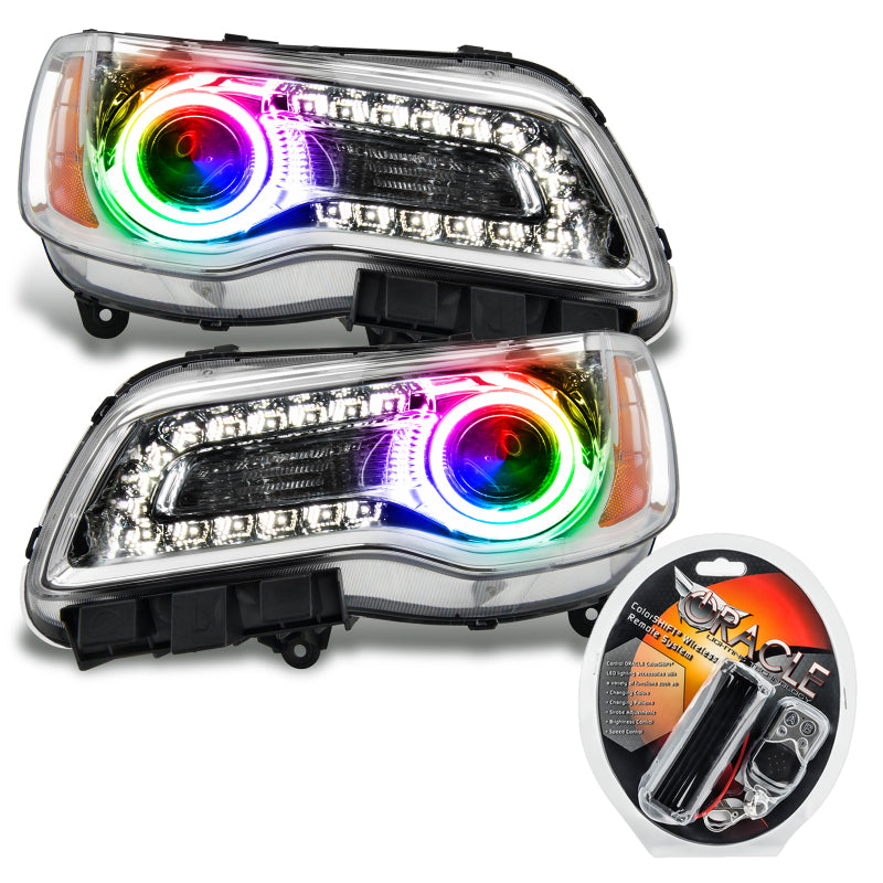 Oracle 11-14 Chrysler 300C SMD headlights in chrome finish with ColorSHIFT technology, showcasing halo rings.