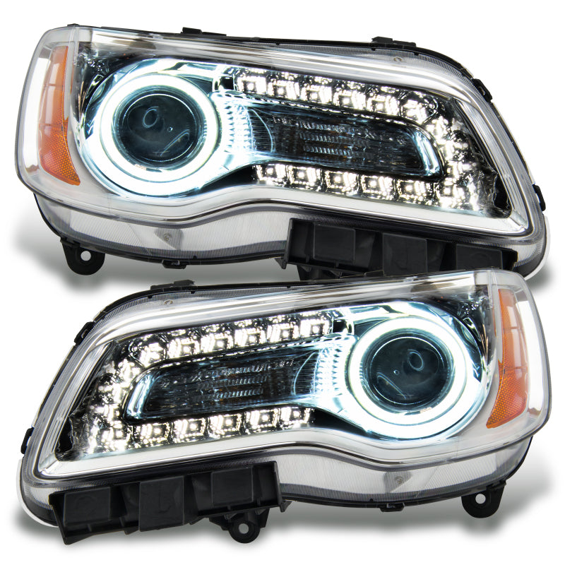 Oracle 11-14 Chrysler 300C SMD headlights with chrome housing and white halo rings, showcasing a stylish and modern design.