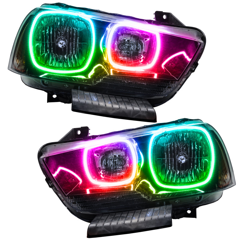 Oracle 11-14 Dodge Charger SMD headlights with ColorSHIFT technology, showcasing Chrome and Black housing options.