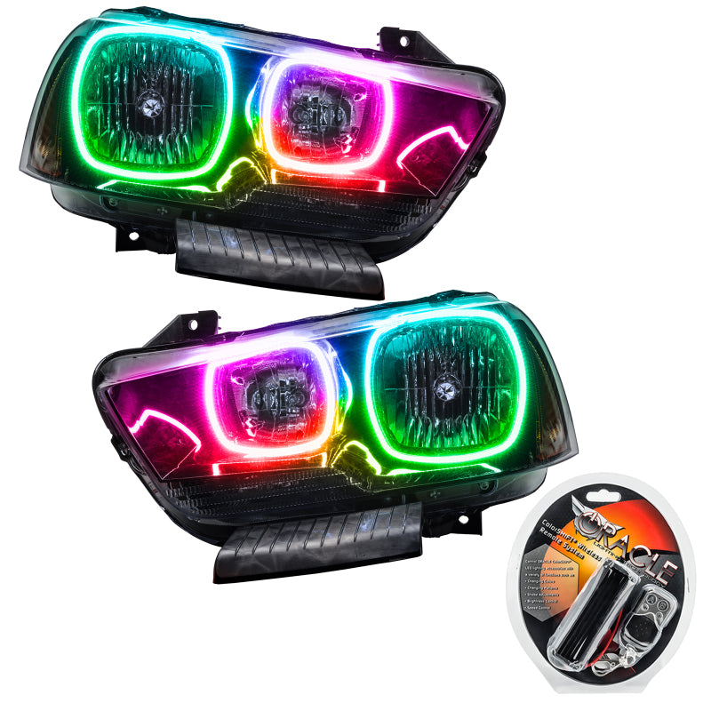 Oracle 11-14 Dodge Charger SMD headlights with ColorSHIFT technology, showcasing Chrome and Black housing options.