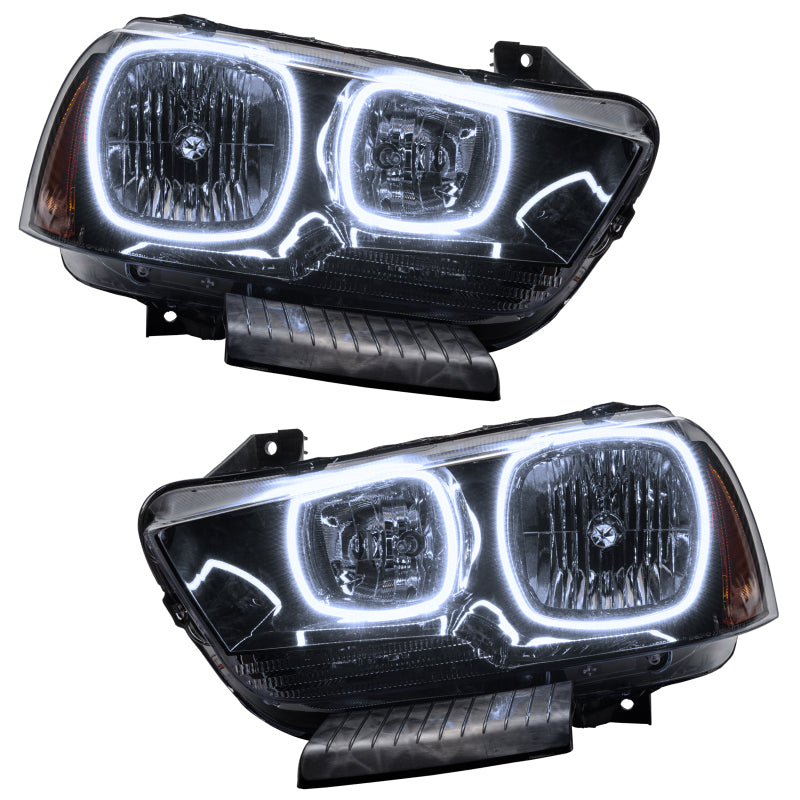 Oracle 11-14 Dodge Charger SMD headlights with white halo rings, featuring Chrome and Black housing options.