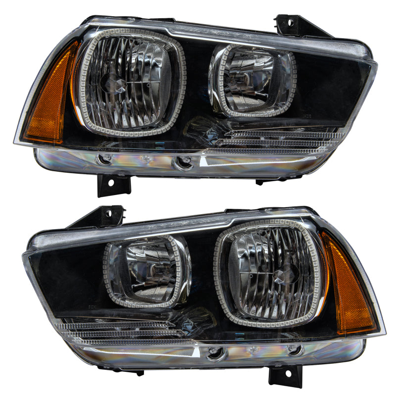 Oracle 11-14 Dodge Charger SMD headlights with white halo rings, featuring Chrome and Black housing options.