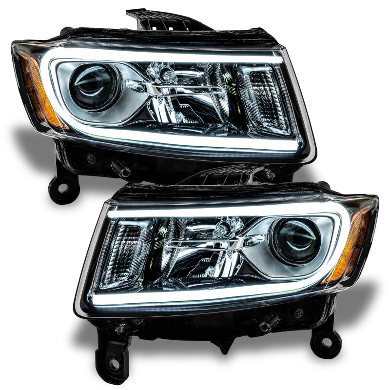 Oracle 14-15 Jeep Grand Cherokee SMD headlights with white halo rings, showcasing chrome and black housing options.