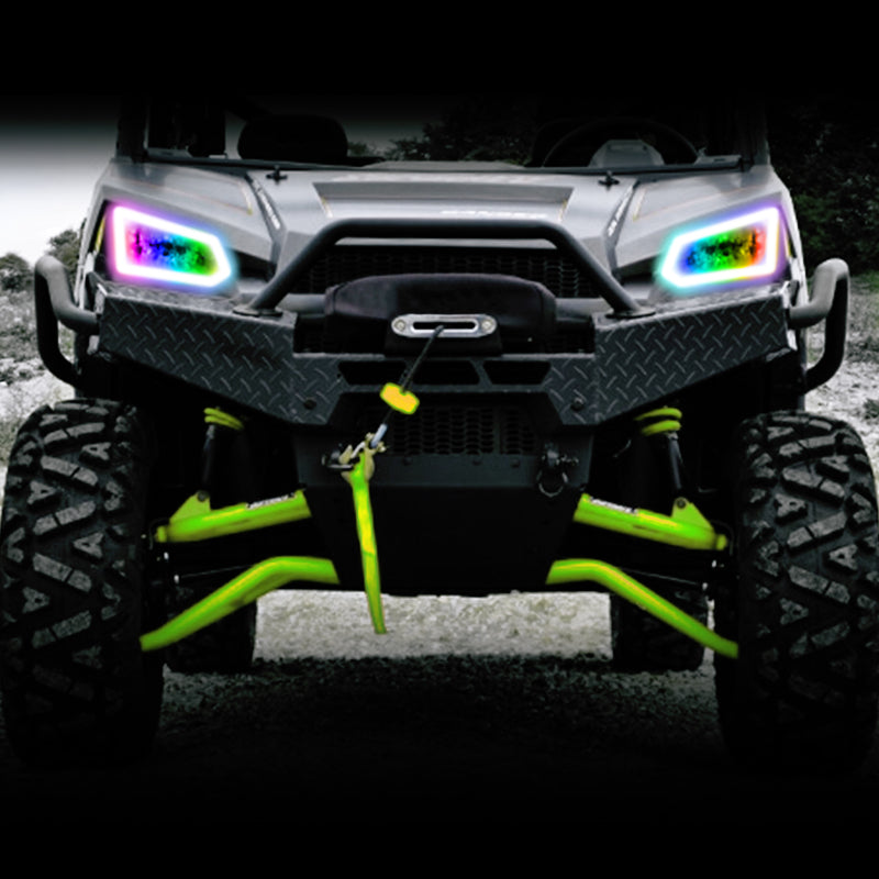 Oracle Dynamic RGB+W Headlight Halo Kit for Polaris Ranger, showcasing vibrant LED lights and waterproof design.