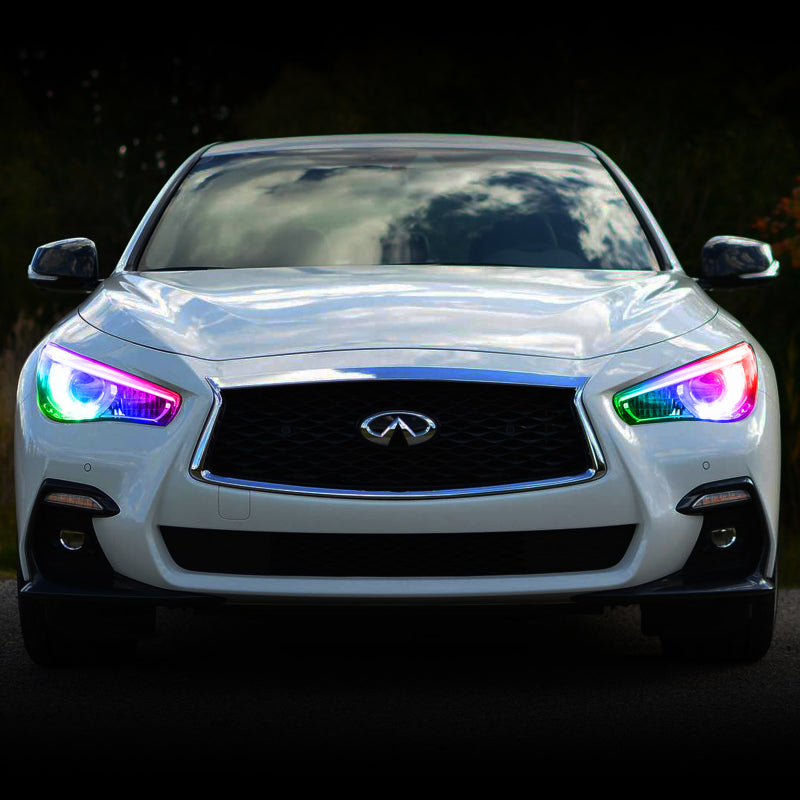 Oracle 14-21 Infiniti Q50 RGB+W Headlight Halo Upgrade Kit showcasing vibrant colors and sleek design.