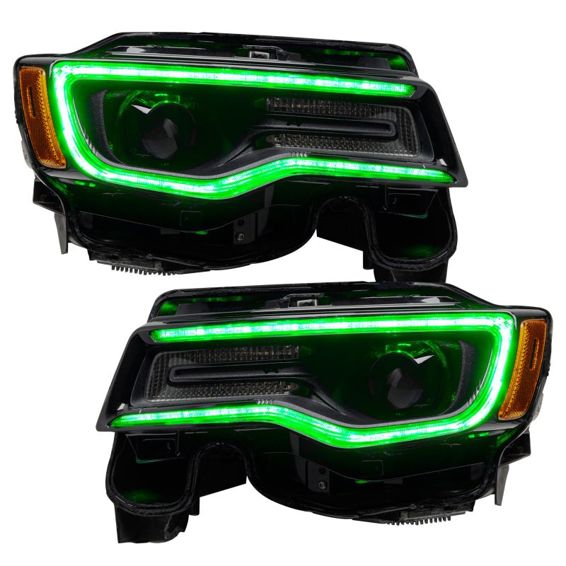 Oracle Dynamic Headlight DRL Upgrade Kit for Jeep Grand Cherokee showcasing vibrant RGB lighting effects.