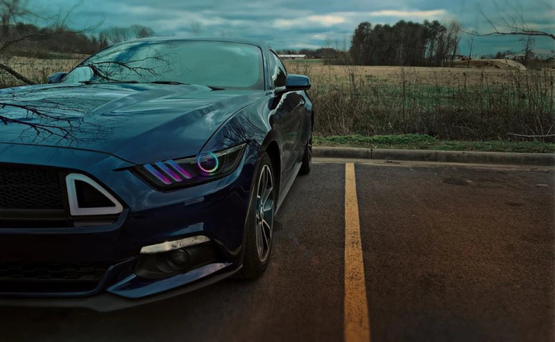 Oracle Dynamic DRL Upgrade kit for 2015-2017 Ford Mustang featuring Halo lights and smartphone control.