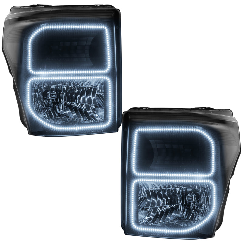 ORACLE 11-16 Ford F250/350 LED headlights in black housing with white halo rings, showcasing a modern and stylish design.