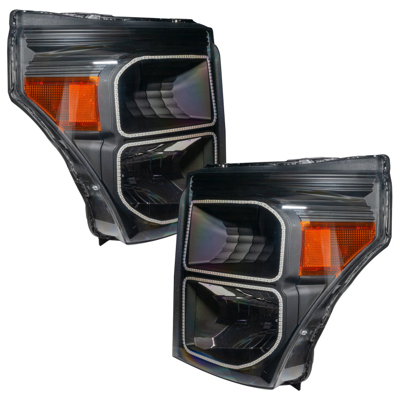 ORACLE 11-16 Ford F250/350 LED headlights in black housing with white halo rings, showcasing a modern and stylish design.