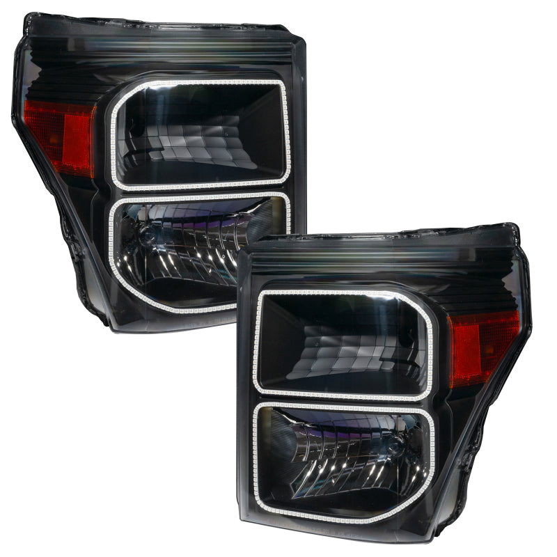 ORACLE 11-16 Ford F250/350 LED headlights in black housing with white halo rings, showcasing a modern and stylish design.