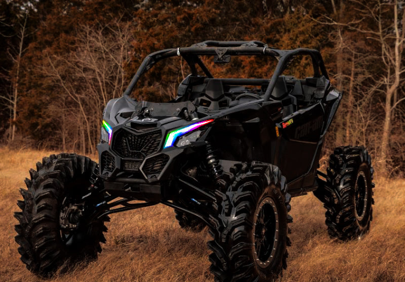 Oracle 17-21 Can-Am Maverick X3 Dynamic DRL Upgrade Kit showcasing vibrant RGB lighting effects.