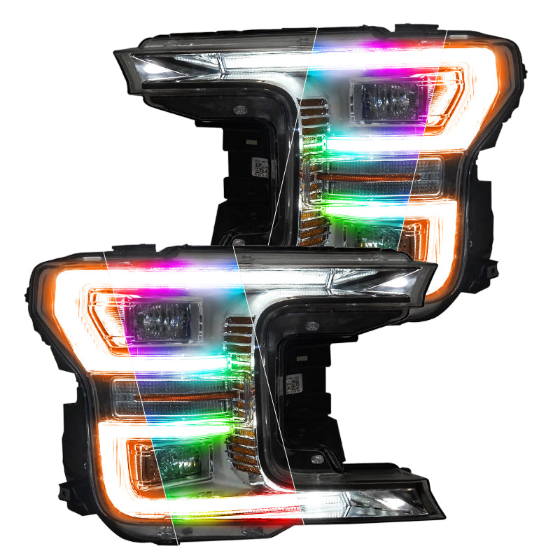 Oracle Dynamic DRL replacements for 2018-2019 Ford F150, showcasing vibrant color patterns and dynamic turn signals.