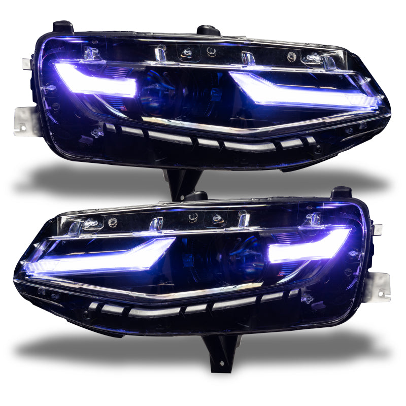 Oracle RGB+A Headlight DRL Upgrade Kit for 2019-2021 Chevy Camaro LS/LT, showcasing color-changing LED lights.