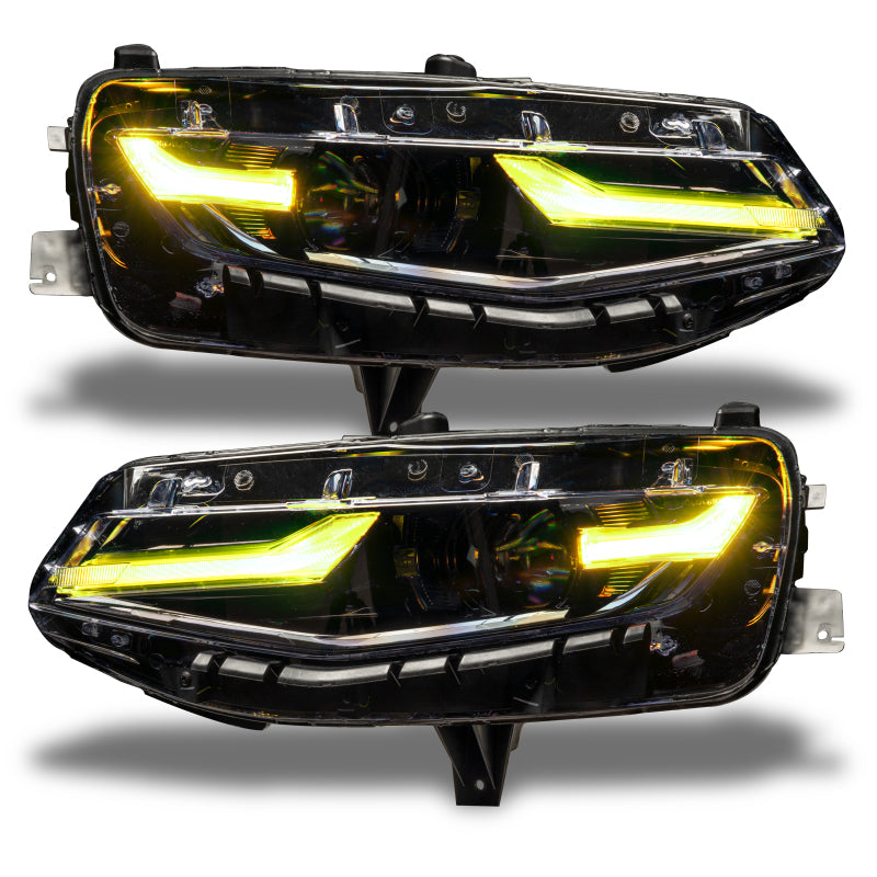 Oracle RGB+A Headlight DRL Upgrade Kit for 2019-2021 Chevy Camaro LS/LT, showcasing color-changing LED lights.