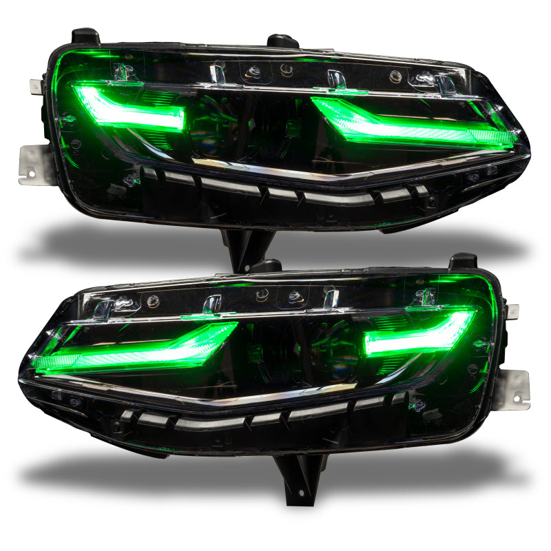 Oracle RGB+A Headlight DRL Upgrade Kit for 2019-2021 Chevy Camaro LS/LT, showcasing color-changing LED lights.