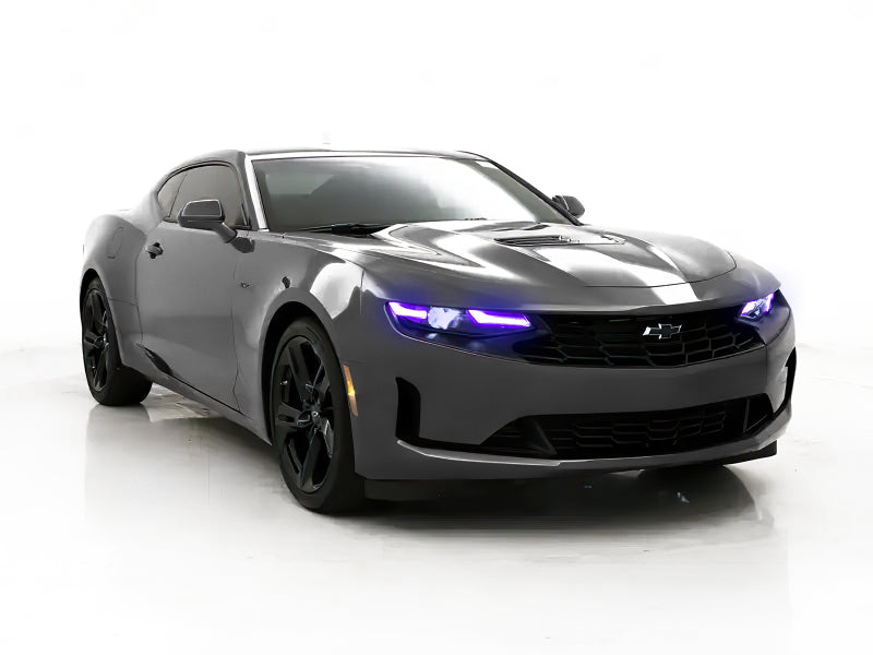 Oracle RGB+A Headlight DRL Upgrade Kit for 2019-2021 Chevy Camaro LS/LT, showcasing color-changing LED lights.