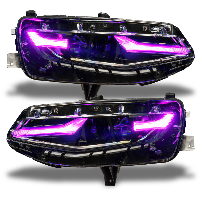 Oracle RGB+A Headlight DRL Upgrade Kit for 2019-2021 Chevy Camaro LS/LT, showcasing vibrant color-changing LED lights.