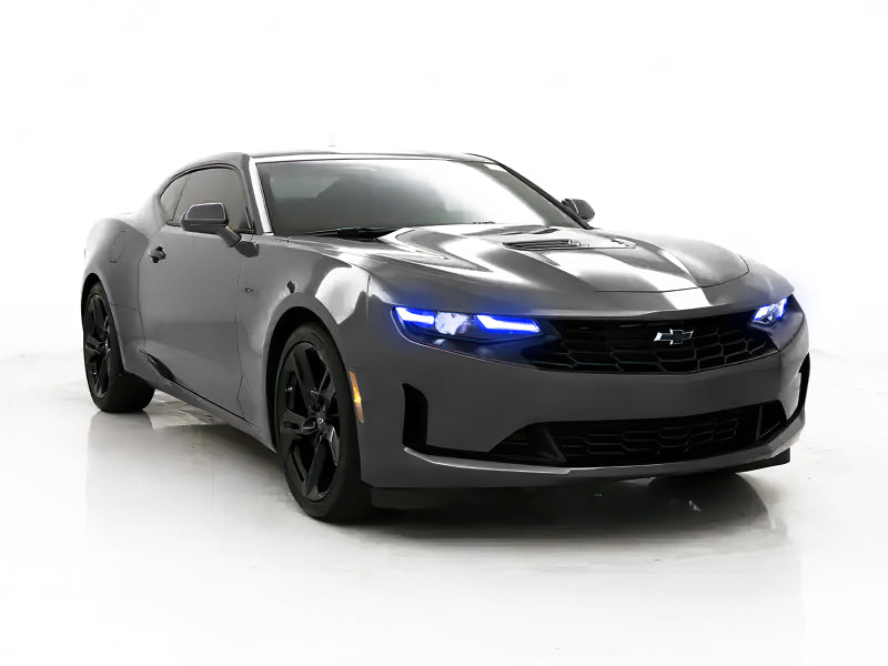 Oracle RGB+A Headlight DRL Upgrade Kit for 2019-2021 Chevy Camaro LS/LT, showcasing vibrant color-changing LED lights.