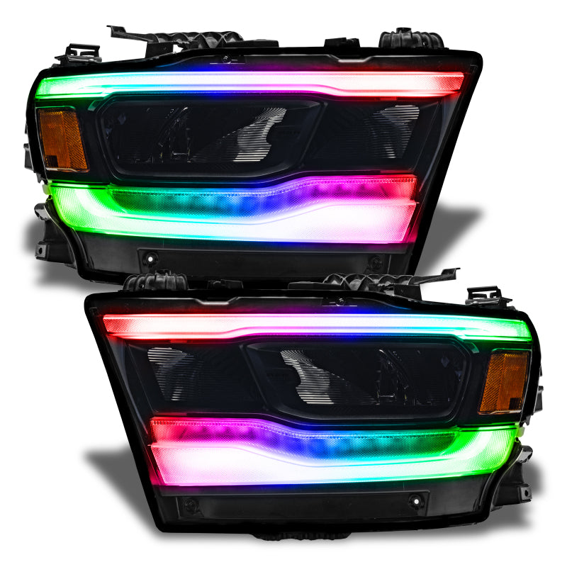 Oracle ColorSHIFT RGB+W Headlight DRL Upgrade Kit for 2019-2021 Dodge RAM 1500, showcasing vibrant color-changing LED lights.